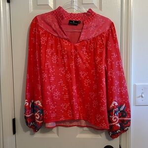 Emily Lovelock Red/Pink Blouse with Embroidered Sleeves